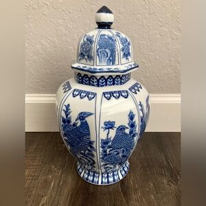 Vintage 13" Japanese Ginger Jar Andrea by Sadek Blue/White Porcelain Bird Flower